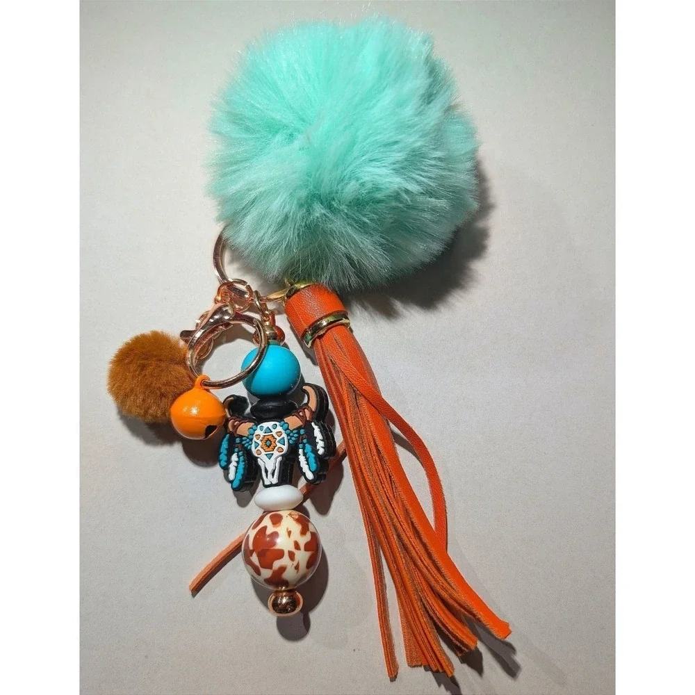 Western Style Bag Charm Keychain Mint Orange Boho Steer Skull Pom Pom